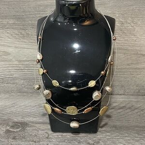 Layered Multi-Strand Mixed Metal Beaded Necklace — Silver / Gold / Bronze Pebble